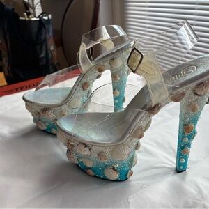 Pleaser off white and turquoise Platform Sandals with shell Accents! Stunning!